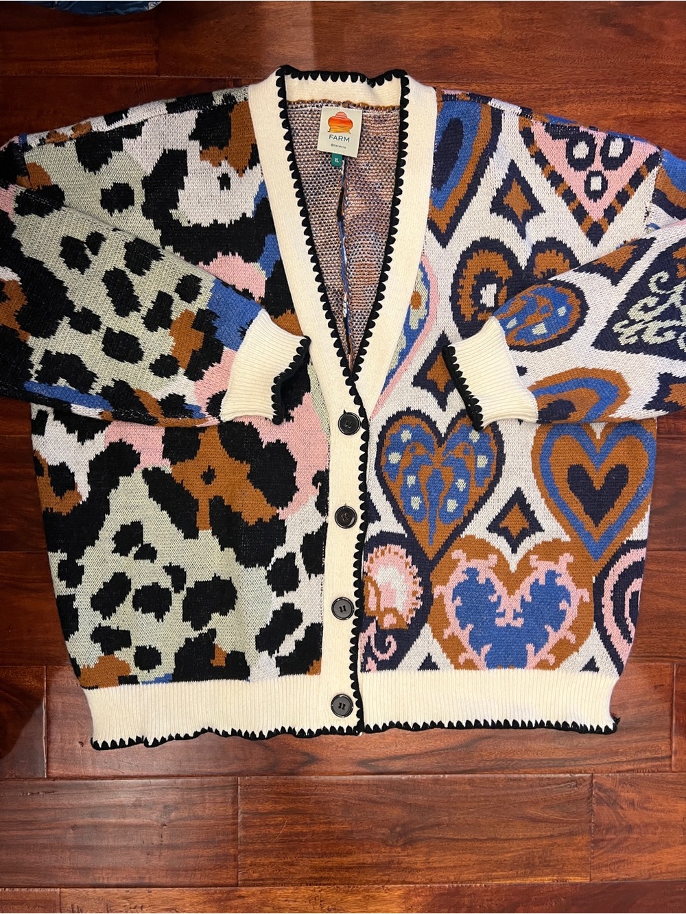 Farm Rio Multicolor Heart & Leopard Print Cardigan Sweater Woman’s XL